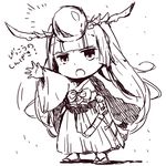  bangs blunt_bangs chibi hakama headpiece highres japanese_clothes katana long_hair long_sleeves open_mouth pikomarie puzzle_&amp;_dragons sandals sheath simple_background sketch solo sword translation_request twintails weapon white_background wide_sleeves yomi_(p&amp;d) 