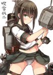  anchor brown_hair character_name fubuki_(kantai_collection) green_eyes highres ichikawa_feesu kantai_collection long_hair machinery navel panties pantyshot pantyshot_(standing) ponytail remodel_(kantai_collection) school_uniform serafuku skirt smile solo standing translated underwear white_panties 