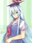  absurdres blue_hair breasts cleavage dated dress hat highres kamishirasawa_keine kokka_han large_breasts long_hair multicolored_hair red_eyes silver_hair smile solo touhou upper_body 
