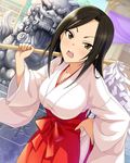  artist_request black_hair brown_eyes dutch_angle gohei hakama hand_on_hip idolmaster idolmaster_cinderella_girls japanese_clothes komainu long_hair miko mukai_takumi official_art oonusa over_shoulder red_hakama solo statue temple 