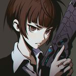  bangs blunt_bangs brown_eyes brown_hair chromatic_aberration closed_mouth collared_shirt dominator_(gun) dress_shirt face gun handgun ilya_kuvshinov looking_at_viewer psycho-pass serious shirt short_hair solo trigger_discipline tsunemori_akane upper_body weapon wing_collar 