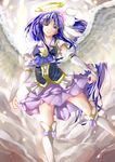  angel_wings arm_warmers cure_fortune earrings feathered_wings hair_ornament halo happinesscharge_precure! heart heart_hair_ornament highres hikawa_iona jewelry long_hair magical_girl ponytail precure purple_eyes purple_hair short_sleeves skirt smile solo thighhighs white_legwear wings yuutarou_(fukiiincho) zettai_ryouiki 