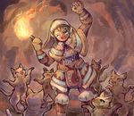  1girl blue_eyes brown_hair dancing felyne female fire girl gloves green_eyes hat lagombi_(armor) monster_hunter nekotsuki open_mouth smile torch wink 