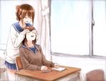  :d bad_id bad_pixiv_id book bow brown_eyes brown_hair chair closed_eyes covering_another's_eyes desk hair_bow multiple_girls open_mouth original pen school school_uniform sitting skirt smile standing sweater syou_(endemic_species) window 