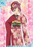  alternate_hairstyle card_(medium) fang floral_background flower hair_flower hair_ornament japanese_clothes jpeg_artifacts kimono mahou_shoujo_madoka_magica official_art red_eyes red_hair sakura_kyouko smile solo trading_card 