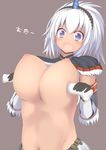  1girl blue_eyes blush bone breasts capcom dark_skin fang female hairband horn inverted_nipples kirin_(armor) large_breasts looking_at_viewer monster_hunter navel open_mouth smile solo sukage white_hair 