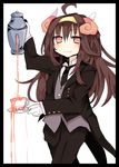  ahoge alternate_costume black_border black_neckwear black_pants blush border brown_hair butler commentary cowboy_shot cup decantering doyagao female_butler formal gloves hairband horns kantai_collection kongou_(kantai_collection) kuroshitsuji long_hair looking_at_viewer matsushita_yuu necktie orange_eyes pants pouring reverse_translation sheep_horns simple_background slacks solo spilling standing suit suit_jacket tailcoat teacup teapot vest white_background white_gloves you're_doing_it_wrong 