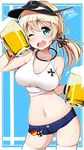  ;d alcohol alternate_costume anchor_hair_ornament aqua_eyes badge beer beer_mug blonde_hair blush bracelet breasts button_badge cowboy_shot crop_top cup german_flag germany hair_ornament hat highres holding holding_cup ichi-jirushi iron_cross jewelry kantai_collection large_breasts long_hair looking_at_viewer midriff navel one_eye_closed open_mouth prinz_eugen_(kantai_collection) shiny shiny_skin short_shorts shorts skindentation smile solo thighhighs twintails visor_cap white_legwear 