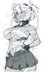  abs armpits bangs bare_shoulders breasts budget_sarashi cleavage cowboy_shot dark_skin fingerless_gloves flipped_hair from_side glasses gloves greyscale hair_between_eyes hairband hand_on_hip headgear ikeshita_moyuko jewelry kantai_collection large_breasts looking_to_the_side miniskirt monochrome musashi_(kantai_collection) nail_polish navel neck_ring open_fly parted_bangs pleated_skirt pointy_hair sarashi simple_background sketch skirt smirk standing toned two_side_up underboob unzipped 