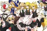  anger_vein animal_ears animalization apron bakedanuki_(touhou) black_eyes blonde_hair braid broom cape cosplay dual_persona fang fox fox_ears fox_tail frilled_skirt frills futatsuiwa_mamizou hakurei_reimu hakurei_reimu_(fox) hat kirisame_marisa kirisame_marisa_(cosplay) kudagitsune long_hair mask multiple_girls odd_one_out orb raccoon_ears raccoon_tail short_hair side_braid skirt smoke sunny_milk tail touhou vest witch_hat yellow_eyes yin_yang youkai_fox_(forbidden_scrollery) youkai_fox_(wild_and_horned_hermit) ys_(fall) 