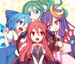  blue_eyes blue_hair book bow cirno crescent crescent_hair_ornament daiyousei demon_wings green_hair hair_bow hair_ornament head_wings ice ice_wings koakuma kuresento long_hair multiple_girls one_eye_closed open_mouth patchouli_knowledge purple_hair red_eyes red_hair side_ponytail touhou very_long_hair wings 