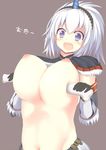  1girl blue_eyes blush bone breasts capcom fang female hairband horn inverted_nipples kirin_(armor) large_breasts looking_at_viewer monster_hunter navel open_mouth smile solo sukage white_hair 