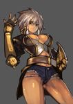  1girl belt blazblue blazblue:_chronophantasma breasts bullet_(blazblue) cleavage dark_skin denim denim_shorts gauntlets scar shorts silver_hair solo unizama 