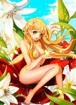  aegyo anklet bad_id bad_pixiv_id barefoot barefoot_sandals blonde_hair braid breasts bug butterfly cleavage day fairy fairy_wings flower green_eyes hair_flower hair_ornament insect jewelry legs long_hair medium_breasts nail_polish original pasties sitting sky smile solo toenail_polish wings 