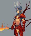  armor blade blonde_hair defense_of_the_ancients dota_2 fire gauntlets helmet horns looking_at_viewer lucifer_(dota_2) lvlv male_focus open_mouth red_eyes shirtless simple_background smirk solo spiked_hair sword weapon 