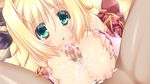  1girl areolae blonde_hair blush breast_squeeze breasts breasts_outside censored cum cum_on_body cum_on_breasts cum_on_upper_body facial game_cg green_eyes highres huge_breasts long_hair nipples no_bra oono_tetsuya paizuri penis prism_princess_~futari_no_himekishi_to_kokan_no_monshou~ sitting skirt 