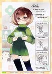  angry blush brown_eyes brown_hair cat english exercise glasses green_shirt handheld_game_console hard_translated highres nikki_(swapnote) nintendo_3ds puti_devil ribbed_sweater shirt short_hair standing swapnote sweater thighhighs turtleneck 