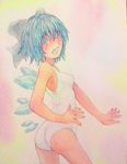  ass blue_eyes blue_hair bow breasts casual_one-piece_swimsuit cirno cowboy_shot hair_bow highres ice ice_wings looking_at_viewer looking_to_the_side one-piece_swimsuit open_mouth pink_background pose short_hair small_breasts smile solo swimsuit touhou traditional_media watercolor_(medium) white_swimsuit wings yuyu_(00365676) 
