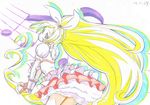  beamed_eighth_notes bow choker color_trace cure_rhythm frills heart highres itaoka1 jewelry long_hair looking_at_viewer looking_back magical_girl minamino_kanade musical_note partially_colored precure puffy_sleeves ribbon sketch skirt smile solo suite_precure traditional_media 