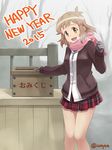  2015 artist_name breath brown_hair cardigan gloves grey_gloves hair_ornament hairclip happy_new_year highres legs looking_at_viewer new_year outdoors pink_scarf plaid plaid_skirt pleated_skirt scarf senki_zesshou_symphogear shirt short_hair skirt solo tachibana_hibiki_(symphogear) translated twitter_username unyon white_shirt yellow_eyes zipper 