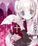  angel angel_wings book hato_rami holding holding_book long_hair looking_at_viewer original parted_lips rosary silver_eyes silver_hair solo twintails wings 