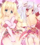  2girls arms_up ass back bare_shoulders blonde_hair blush breast_squeeze breasts cleavage game_cg garter_straps green_eyes hair_ribbon highres huge_breasts legs long_hair looking_at_viewer multiple_girls oono_tetsuya panties prism_princess_~futari_no_himekishi_to_kokan_no_monshou~ red_eyes ribbon simple_background skirt standing thighs underwear white_hair 