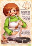  apron blush brown_eyes brown_hair english food frying_pan glasses green_shirt hard_translated highres nikki_(swapnote) pancake ribbed_sweater shigatake shirt short_hair solo swapnote sweater turtleneck 