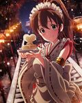  blue_eyes brown_hair detached_sleeves food idolmaster idolmaster_million_live! looking_at_viewer maid_headdress nontraditional_miko official_art ponytail satake_minako smile snowing solo 