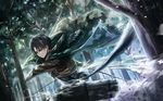  angel31424 black_hair emblem levi_(shingeki_no_kyojin) male_focus paradis_military_uniform shingeki_no_kyojin solo survey_corps_(emblem) sword three-dimensional_maneuver_gear tree weapon 