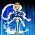  ahoge armor armored_dress artoria_pendragon_(all) avalon_(fate/stay_night) blonde_hair blue_cape cape crown dress excalibur fate/stay_night fate_(series) fur_cape gauntlets green_eyes neco_(necocan) planted_sword planted_weapon saber sheath sheathed solo sword weapon 