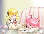  alternate_breast_size blonde_hair blush breast_press breasts closed_eyes drill_hair drooling glass_table hair_ornament hairpin huge_breasts kaname_madoka mahou_shoujo_madoka_magica mizuumi_(bb) multiple_girls open_mouth pink_hair puffy_sleeves school_uniform short_hair short_twintails sleeping table tomoe_mami twin_drills twintails yellow_eyes 