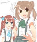  asagumo_(kantai_collection) brown_eyes brown_hair double_bun folded_hair furrowed_eyebrows green_eyes hair_rings kantai_collection maruki_(punchiki) michishio_(kantai_collection) multiple_girls open_mouth suspenders sweatdrop translation_request twintails twitter_username 