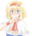  alice_margatroid ascot blonde_hair blue_eyes blush capelet hairband looking_at_viewer mitsunara short_hair touhou wrist_cuffs 