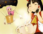  2girls 8tan ascot black_hair bow brown_background detached_sleeves ears eyes_closed floral_print flower hair_bow hair_tubes hakurei_reimu hands_on_own_cheeks hands_on_own_face hot_air_balloon japanese_clothes kimono multiple_girls no_hat open_mouth pink_eyes pink_hair red_eyes ribbon-trimmed_sleeves ribbon_trim rose short_hair sketch sleeveless smile steam sukuna_shinmyoumaru teabag teapot throwing touhou 