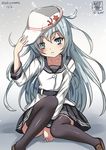  belt black_legwear blouse blue_eyes hammer_and_sickle hat hibiki_(kantai_collection) kantai_collection long_hair long_sleeves sakiyamama school_uniform silver_hair sitting skirt smile solo star thighhighs verniy_(kantai_collection) 