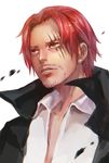  1boy jacket_on_shoulders male male_focus one_piece red_hair scar shanks shirt solo white_shirt 