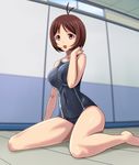  :d antenna_hair bangs barefoot black_swimsuit blurry breasts brown_hair ceiling covered_navel depth_of_field double_vertical_stripe from_side full_body hand_on_own_shoulder hidaka_ai hips idolmaster idolmaster_dearly_stars indoors large_breasts looking_at_viewer muhi11234 one-piece_swimsuit open_mouth parted_bangs red_eyes school_swimsuit short_hair sitting smile swept_bangs swimsuit tile_ceiling tiles wariza 