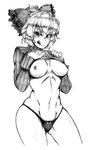  :q breast_suppress breasts breasts_outside greyscale highleg highleg_panties highres ikazaemon_(ten_oto) kurodani_yamame large_breasts long_sleeves looking_at_viewer monochrome naughty_face navel nipples no_pants panties ribbed_sweater shirt_lift short_hair simple_background solo sweater toned tongue tongue_out touhou underwear white_background 