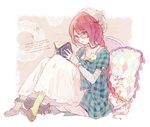  :d book braid cat checkered checkered_shirt english holding holding_book horiizumi_inko jewelry long_hair low_ponytail necklace open_mouth original pillow reading red_eyes red_hair shirt single_braid sitting smile solo 