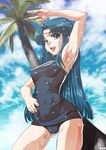  armpits asakura_ryouko blue_eyes blue_hair blue_swimsuit breasts cameltoe chuunenpi covered_nipples day hand_on_hip long_hair medium_breasts one-piece_swimsuit outdoors palm_tree raised_eyebrow school_swimsuit shading_eyes solo suzumiya_haruhi_no_yuuutsu swimsuit taut_clothes taut_swimsuit tree wet wet_hair 