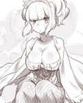  absurdres bangs blunt_bangs breasts character_request cleavage corset fishnet_pantyhose fishnets headdress highres large_breasts legs_together monochrome naso4 pantyhose short_hair sidelocks sitting sketch solo 