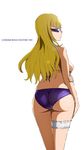  absurdres ass bare_shoulders bikini blonde_hair breasts copyright_name dimples_of_venus frills from_behind gundam gundam_build_fighters gundam_build_fighters_try highres holding_arm lady_kawaguchi large_breasts leg_garter lips long_hair parted_lips purple_bikini simple_background skindentation solo sunglasses swimsuit tonotyama wedgie white_background 
