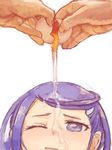  dokidoki!_precure egg food food_on_face kenzaki_makoto precure purple_eyes purple_hair sexually_suggestive solo_focus yuucho 