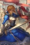  armor armored_dress artoria_pendragon_(all) blonde_hair blue_dress codec007 dress fate/stay_night fate_(series) gauntlets green_eyes hair_ribbon highres juliet_sleeves knight long_sleeves puffy_sleeves ribbon saber sword weapon 