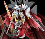  black_background cape claws digimoji digimon full_body goggles highres holding holding_sword holding_weapon horns huckmon huge_weapon jesmon looking_at_viewer looking_back no_humans simple_background skeleton sword tail weapon yellow_eyes yorousa_(yoroiusagi) 