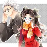  1girl archer bespectacled black-framed_eyewear blue_eyes brown_hair fate/stay_night fate_(series) glasses hair_ribbon orange_scarf rayca01 red-framed_eyewear ribbon scarf toosaka_rin two_side_up white_hair 