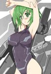  armpits arms_up artist_request bangs blush breasts covered_navel covered_nipples cowboy_shot crossed_arms from_side glasses green_eyes green_hair hair_between_eyes halterneck highleg highleg_leotard highres holding_arm infinite_stratos large_breasts leotard looking_at_viewer mecha_musume navel open_mouth pilot_suit rimless_eyewear short_hair smile turtleneck yamada_maya_(infinite_stratos) 