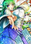  blue_eyes breasts detached_sleeves green_hair kochiya_sanae large_breasts long_hair long_sleeves looking_at_viewer open_mouth shirt skirt solo spell_card touhou umigarasu_(kitsune1963) wide_sleeves 