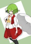  ascot black_legwear breasts collared_shirt flower green_background green_hair hand_on_hip kazami_yuuka long_sleeves medium_breasts navel pantyhose parasol plaid plaid_skirt plaid_vest red_eyes shirt short_hair skirt smile solo touhou two-tone_background umbrella untucked_shirt vest white_background yukihiko_(sky_sleep) 