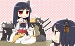  black_hair cat detached_sleeves fusou_(kantai_collection) hair_ornament kantai_collection long_hair machinery multiple_girls nontraditional_miko open_mouth pleated_skirt red_eyes short_hair skirt sweat teramoto_kaoru too_many too_many_cats turret yamashiro_(kantai_collection) 